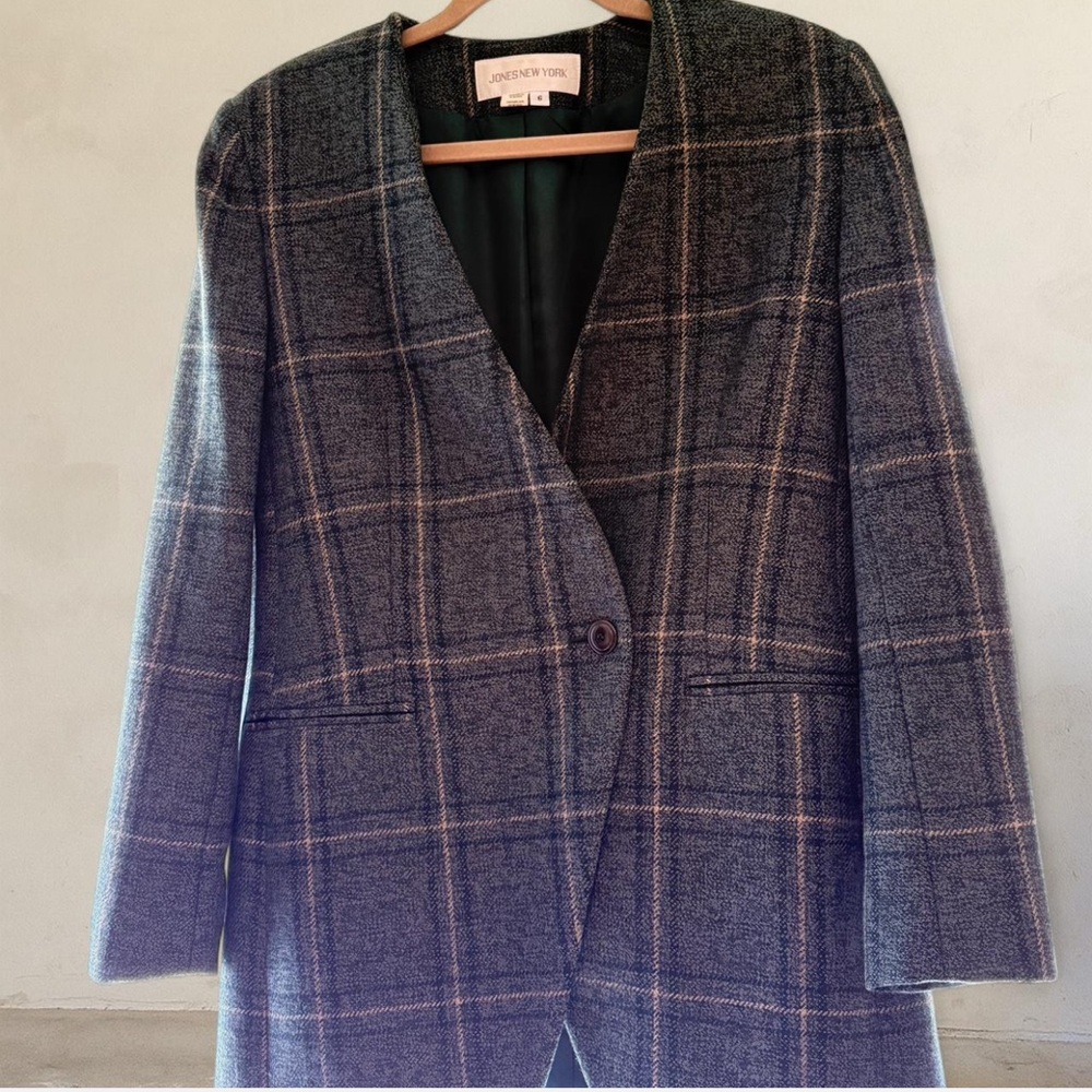 JONES NEW YORK Green Madras Wool Blazer